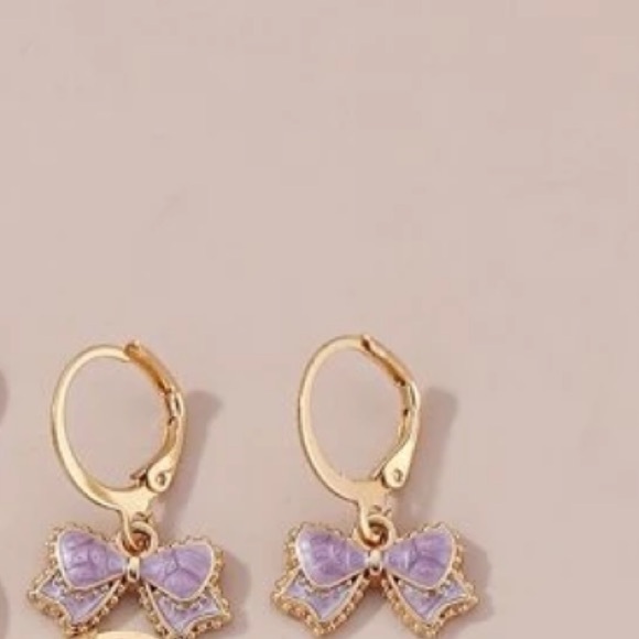 Gold and Purple Bow Earrings - Picture 1 of 1